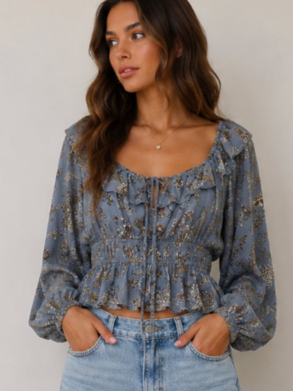 Moon River Blue Floral Paisley Smocked Peplum Boho Blouse Size Large